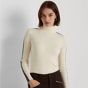 Lauren Ralph Lauren Cream Turtleneck Sweater with Faux Leather Trim